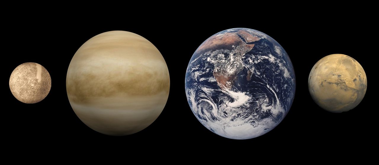 Планеты земной группы. Слева направо: Меркурий, Венера, Земля и Марс