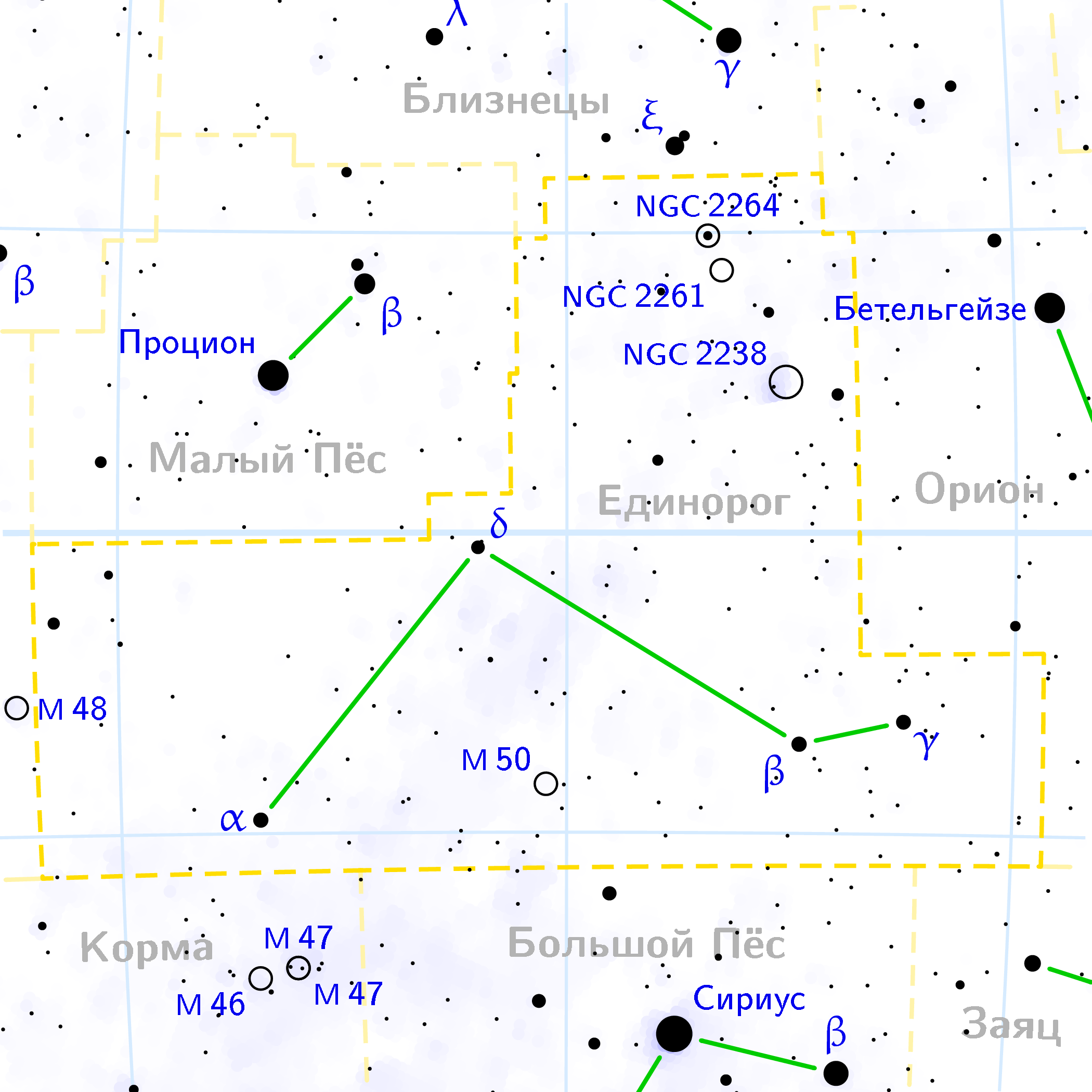 Созвездие единорога на карте звездного неба
