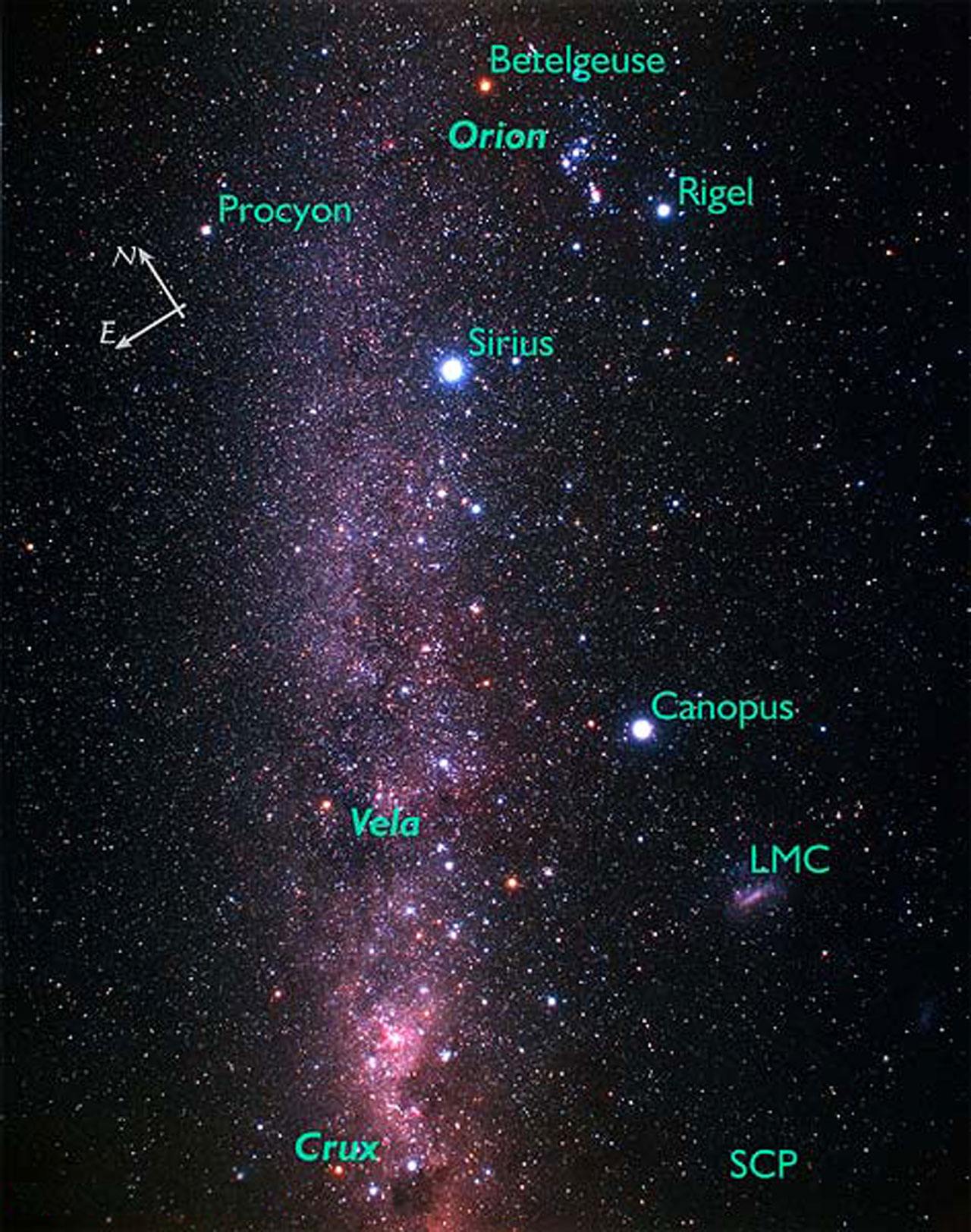 Vela, SNR 263.4-03.0, Betelgeuse, IRAS 05524+0723, Rigel, IRAS 05121-0815, Procyon, IRAS 07366+0520, Orion, M 42, NGC 1976, Messier 42, Sirius, IRAS 06429-1639, Canopus, IRAS 06228-5240, LMC, Large Magellanic Cloud, IRAS 05240-6948, Crux, IRAS 13085-6443, SCP, South Celestial Pole